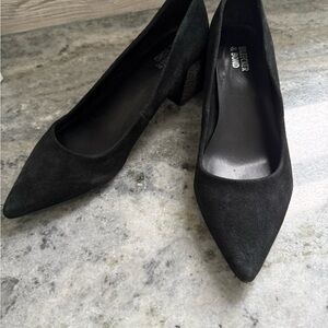 Black Suede Pointed-Toe Block Heel Pumps